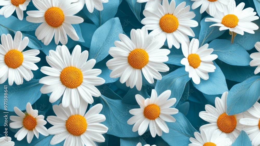 Fototapeta premium Floral pattern with white daisies and light blue leaves generative ai