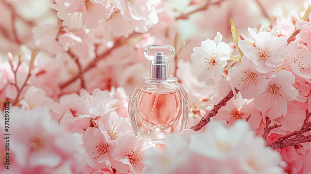 Perfume bottle in flowers, fragrance on blooming background, floral scent and cosmetic product idea Perfume bottle in flowers, fragrance on blooming background, floral scent and cosmetic product idea