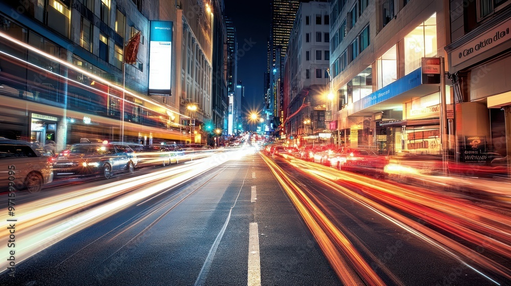 A vibrant city street at night, showcasing light trails from moving vehicles. A vibrant city street at night, showcasing light trails from moving vehicles.