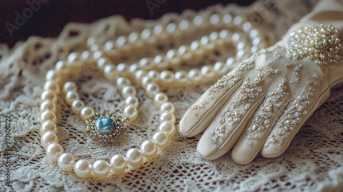 Pearl Necklace and Beaded Glove on Lace, wedding, bridal, accessories