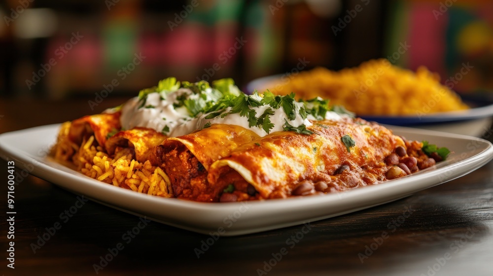 A plate of enchiladas topped with sour cream and cilantro, served with rice and beans. A plate of enchiladas topped with sour cream and cilantro, served with rice and beans.