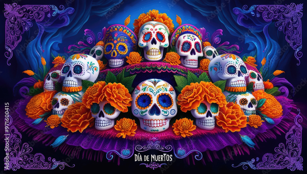 Vibrant d?a de los muertos ofrenda altar with colorful sugars skulls and marigolds Vibrant d?a de los muertos ofrenda altar with colorful sugars skulls and marigolds
