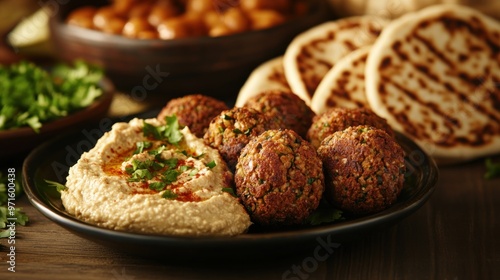 A plate of falafel and hummus garnished with herbs, served with flatbreads in the background.