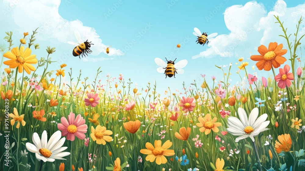 A vibrant summer meadow filled with colorful wildflowers, with several bees flying above. A vibrant summer meadow filled with colorful wildflowers, with several bees flying above.