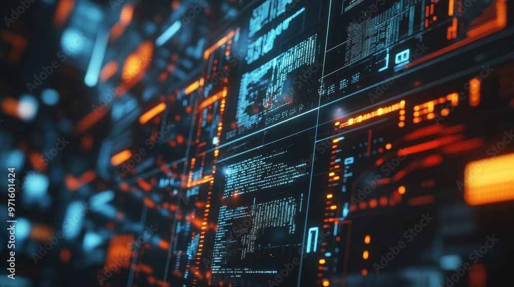 Obraz premium Futuristic digital interface displaying data streams and visualizations.