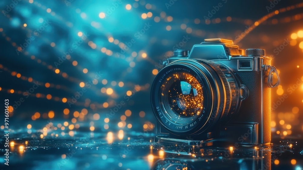 A camera with a lens, set against a backdrop of glowing lights and reflections. A camera with a lens, set against a backdrop of glowing lights and reflections.