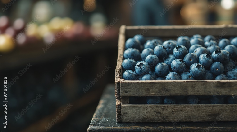 A rustic wooden crate filled with fresh blueberries on a dark surface. A rustic wooden crate filled with fresh blueberries on a dark surface.