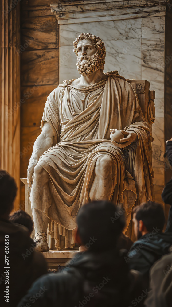 Naklejka premium A majestic statue of philosopher seated, symbolizing wisdom and contemplation