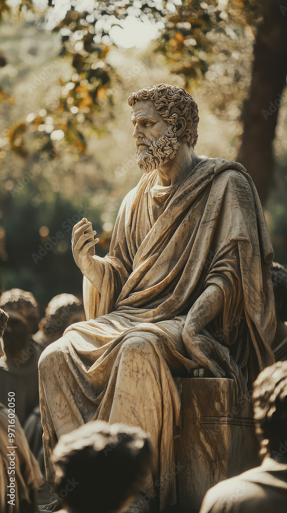 Epicurus teaching his students in serene garden setting, surrounded by nature Epicurus teaching his students in serene garden setting, surrounded by nature