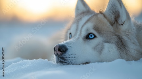 Siberian husky dog relaxing on snow at sunset photo