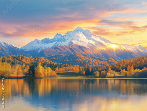 sunrise in the mountains with trees and a lake