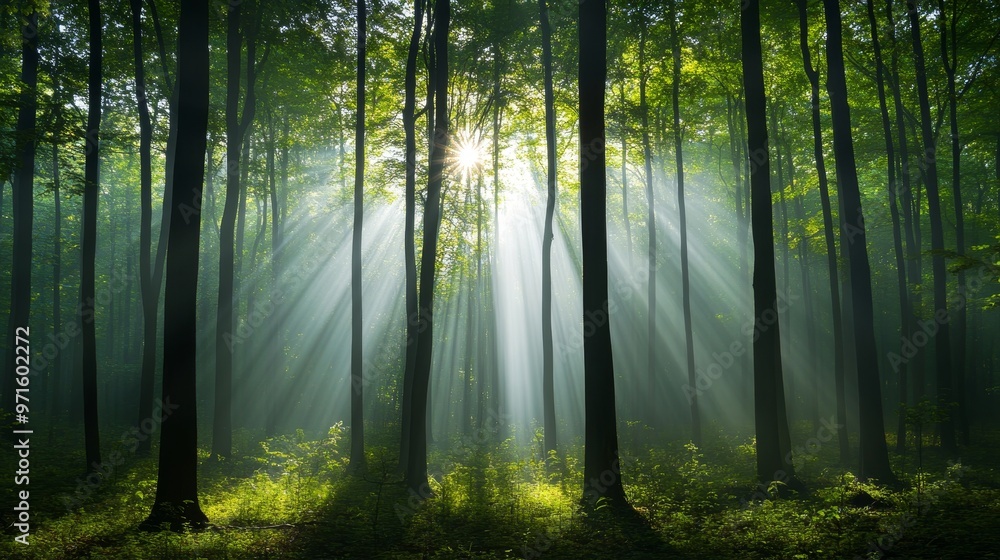 Obraz premium A breathtaking view of a forest bathed in the soft light of the morning sun, with sunbeams piercing through the misty air. The green foliage and the dappled light create a sense of tranquility and pea