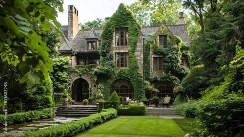 Stone Mansion Covered in Ivy with Lush Green Gardens