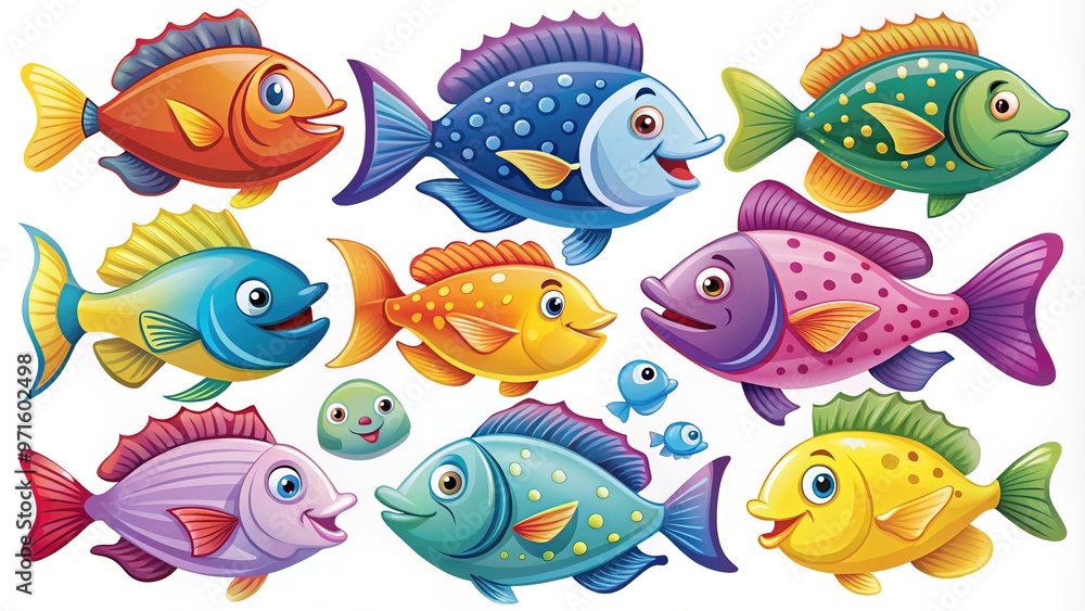 Vibrant, simplified fish illustrations in various colors and styles, featuring fins, scales, and smiling faces, perfect for educational materials, children's designs, and casual projects. Vibrant, simplified fish illustrations in various colors and styles, featuring fins, scales, and smiling faces, perfect for educational materials, children's designs, and casual projects.