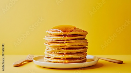 A minimalist stack of pancakes with honey dripping down, placed on a bold yellow background, styled with modern cutlery