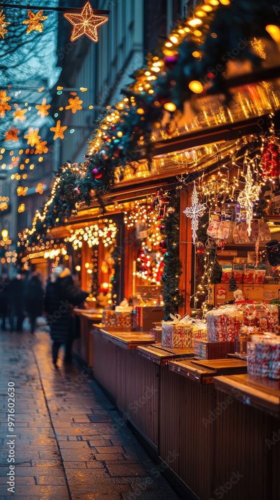 Obraz premium Festive Christmas market scene with glowing stalls and lights