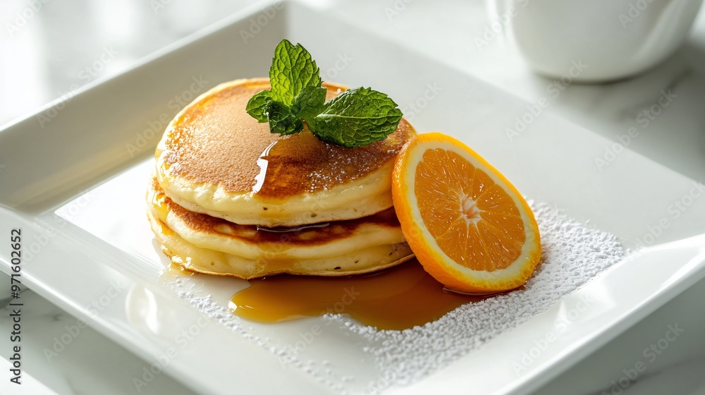 A single pancake with a slice of orange and a sprig of mint, carefully placed on a minimalist white square plate with no additional elements