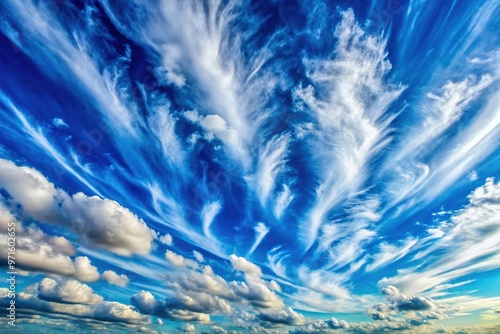 Vibrant stratocumulus clouds stretch across a serene blue sky, with rounded masses of cumulus clouds scattered amidst wispy cirrus strands, casting a warm, natural light. photo