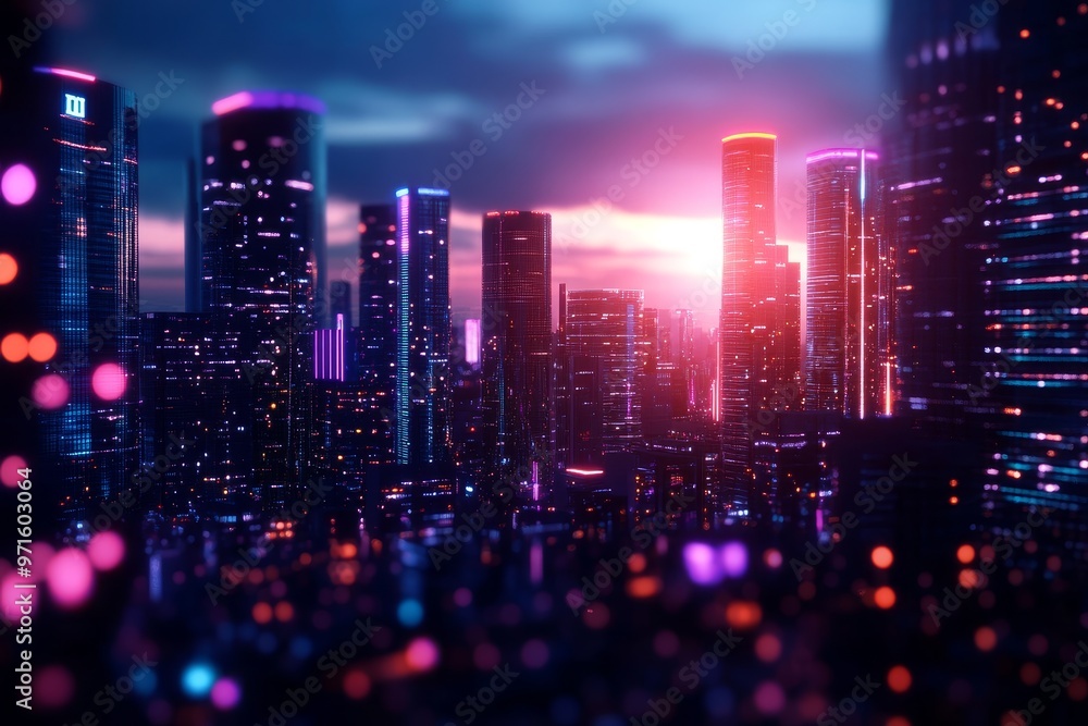 Obraz premium A captivating view of a futuristic cityscape at night, illuminated by vibrant neon lights. The towering skyscrapers and intricate details evoke a sense of wonder and progress. The scene is a testament