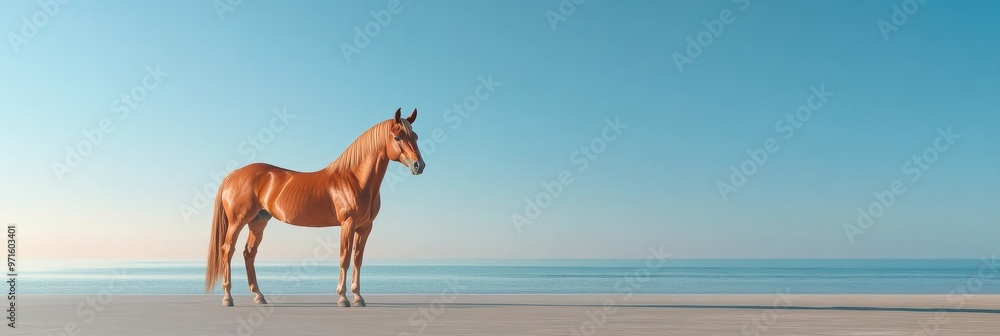 A chestnut horse stands proudly on a sandy beach, gazing out at the vast blue ocean. The horse's calm demeanor and the serene backdrop create a sense of tranquility and peace. This image symbolizes fr A chestnut horse stands proudly on a sandy beach, gazing out at the vast blue ocean. The horse's calm demeanor and the serene backdrop create a sense of tranquility and peace. This image symbolizes fr