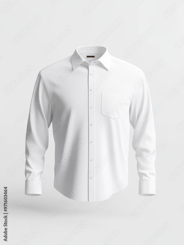 A classic white long-sleeve button-down shirt with a pocket on the left chest, isolated on a white background, perfect for showcasing designs or branding. A classic white long-sleeve button-down shirt with a pocket on the left chest, isolated on a white background, perfect for showcasing designs or branding.