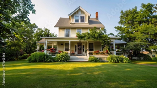 Charming Yellow House with Green Lawn and Porch