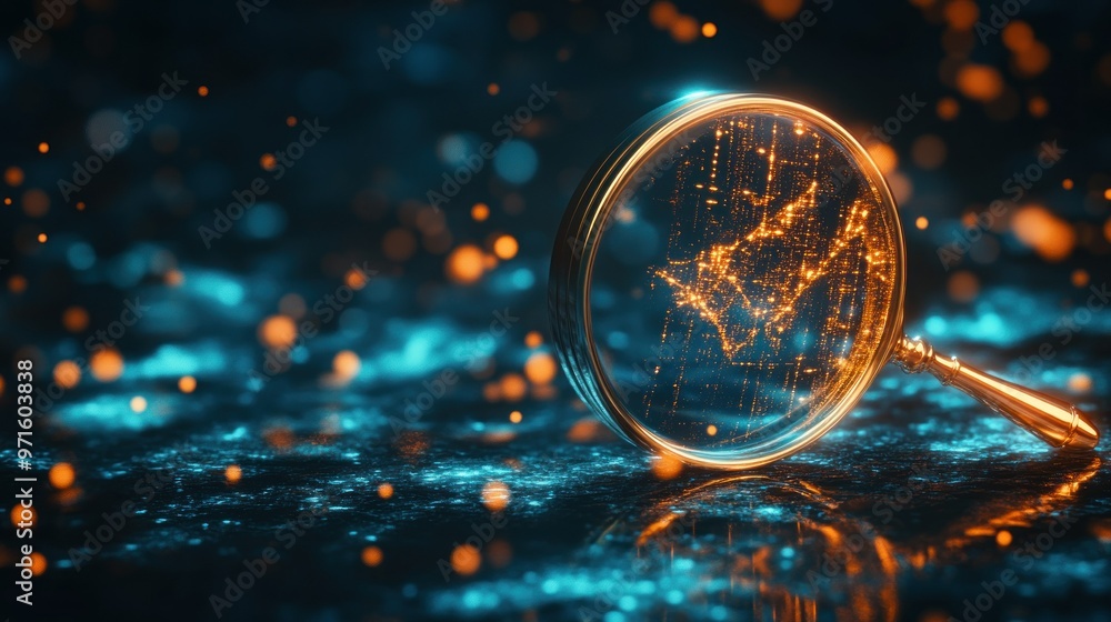 A glowing magnifying glass over a shimmering surface, symbolizing exploration and discovery. A glowing magnifying glass over a shimmering surface, symbolizing exploration and discovery.