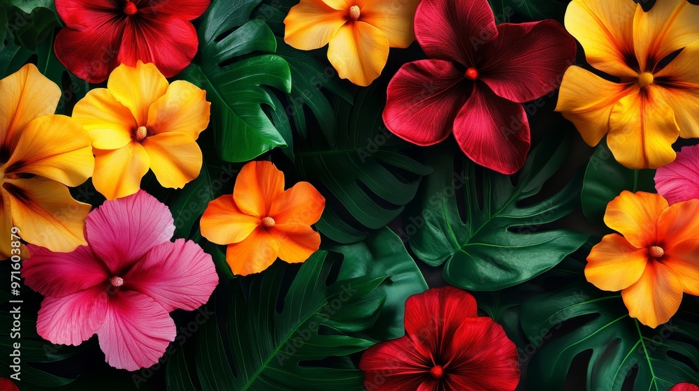 A close-up image showcasing a colorful arrangement of tropical flowers and leaves. The vibrant hues, lush greenery, and intricate details create a visually appealing and evocative composition. The ima A close-up image showcasing a colorful arrangement of tropical flowers and leaves. The vibrant hues, lush greenery, and intricate details create a visually appealing and evocative composition. The ima