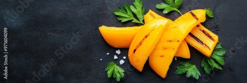 A close-up of grilled yellow bell pepper strips arranged on a black background. The peppers are sliced and grilled, with visible grill marks. Fresh parsley leaves add a touch of green, while a sprinkl photo