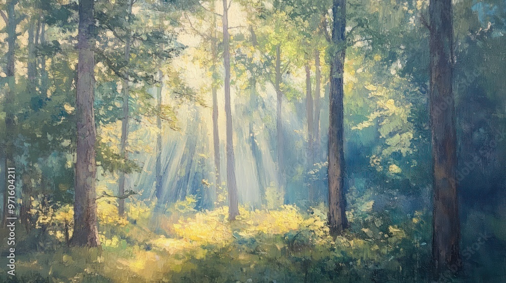Naklejka premium Sunlight filtering through a dense forest, illuminating the forest floor with a golden glow.