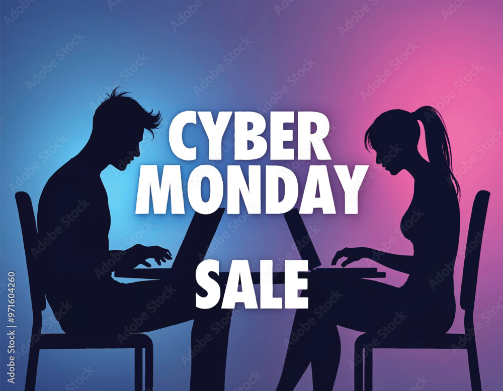 a flyer that says cyber monday sale in purple blue background with silhouette of people using laptop a flyer that says cyber monday sale in purple blue background with silhouette of people using laptop