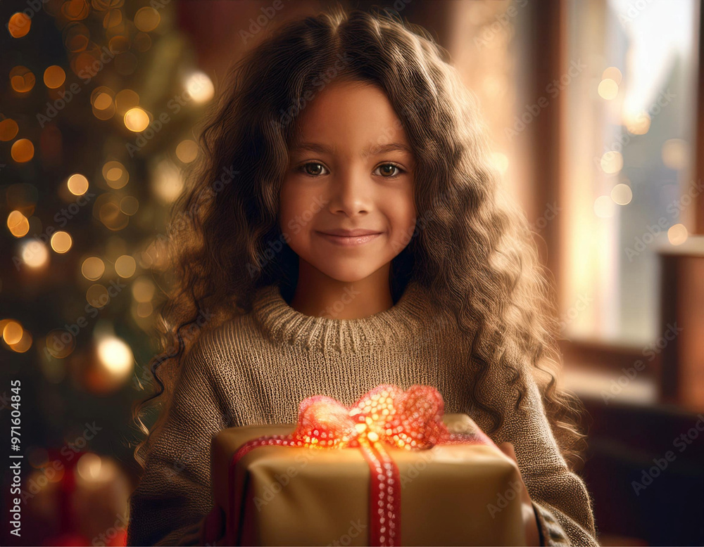 Close em uma menina, criança, sorridente, segurando um presente, com árvore de Natal ao fundo. Close em uma menina, criança, sorridente, segurando um presente, com árvore de Natal ao fundo.