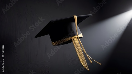 A graduation cap stands out against a black background with light shining through it. photo