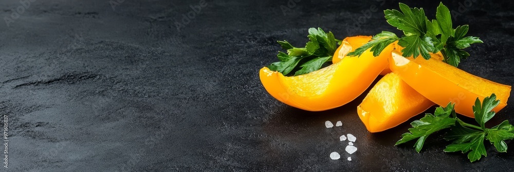 A close-up shot of grilled yellow bell pepper strips arranged on a black surface, garnished with fresh parsley and a sprinkle of salt. The vibrant yellow of the peppers contrasts beautifully with the