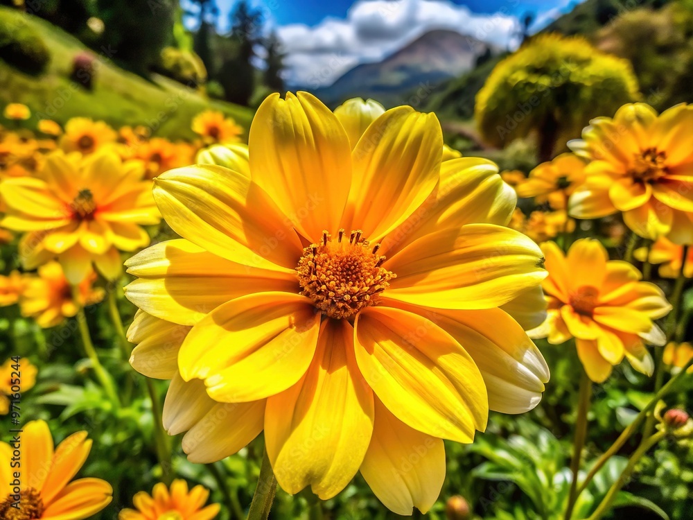 Vibrant yellow petals and delicate white edges adorn the Flor Nacional de Peru, Peru's national flower, amidst lush greenery in a sun-kissed meadow setting. Vibrant yellow petals and delicate white edges adorn the Flor Nacional de Peru, Peru's national flower, amidst lush greenery in a sun-kissed meadow setting.
