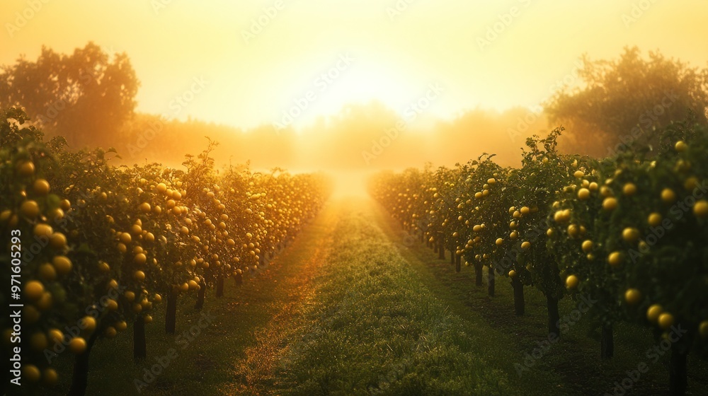Naklejka premium A serene vineyard at sunrise, with mist and golden fruit reflecting the morning light.
