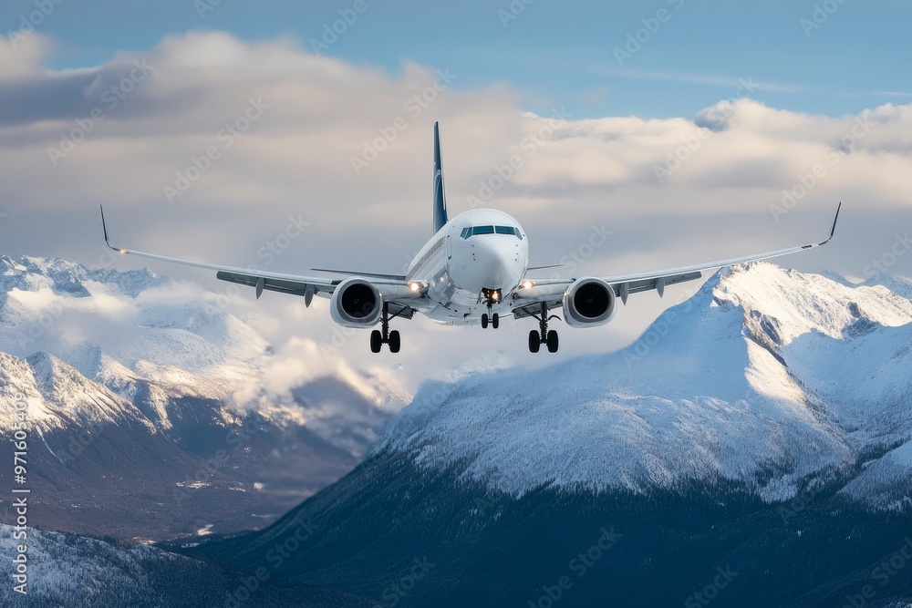 A commercial airplane descends towards a snow-capped mountain range. The aircraft is captured in flight, highlighting the power of aviation and the beauty of nature. This image symbolizes travel, adve A commercial airplane descends towards a snow-capped mountain range. The aircraft is captured in flight, highlighting the power of aviation and the beauty of nature. This image symbolizes travel, adve