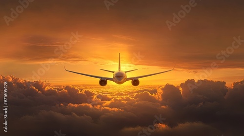 A commercial airplane soars through a vibrant sunset sky, with the sun shining brightly behind it. The plane is flying high above the clouds, symbolizing freedom, travel, and adventure. The golden lig