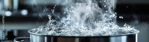 Close-up of boiling water in a pot on a stove, showcasing bubbles and steam. Perfect for cooking, kitchen, and food-related topics.
