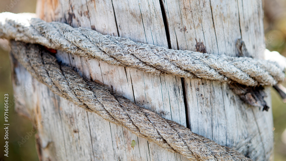 Old rope tied to a wooden log Old rope tied to a wooden log