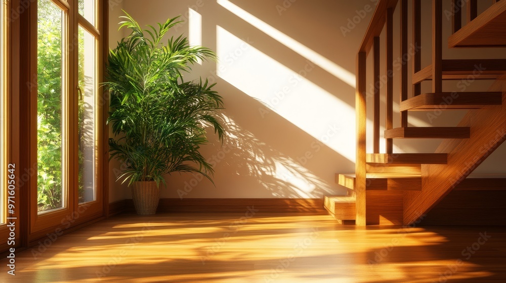 Obraz premium A contemporary home interior with a focus on natural light and warmth. Sunlight streams through a large window, casting long shadows across the hardwood floor. A potted plant adds a touch of life and 