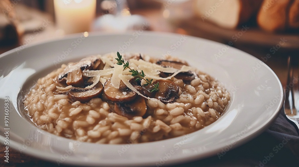 A close-up of a plate with mushrooms and Parmesan cheese on a table, set against a candled backdrop A close-up of a plate with mushrooms and Parmesan cheese on a table, set against a candled backdrop