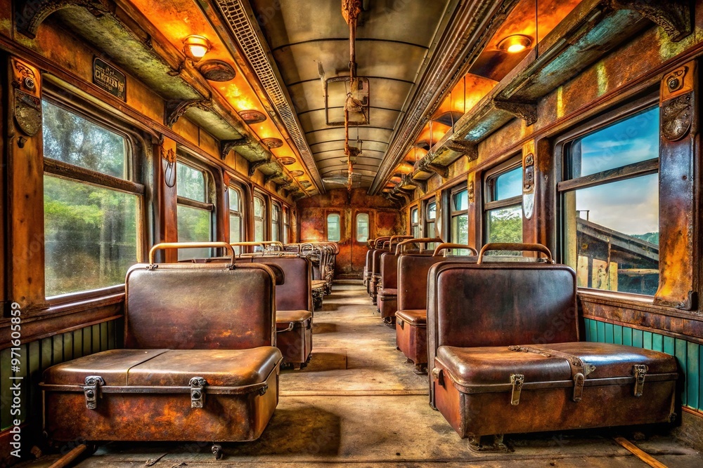Inside A Train Auto Rack Vintage train interior with worn seats, rusty metal walls, and ornate ...