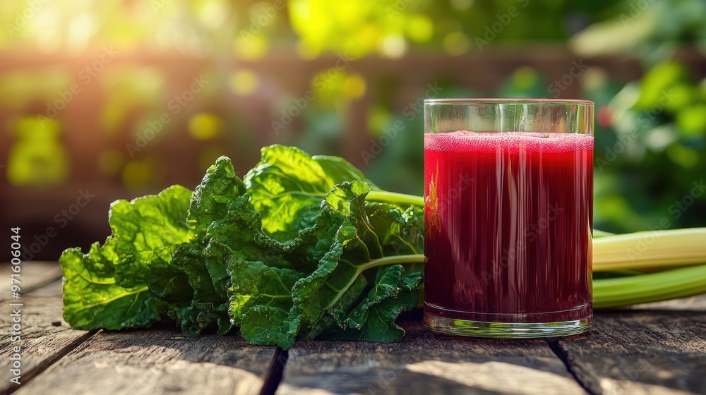A glass of vibrant red juice beside fresh leafy greens on a wooden table in a natural setting. A glass of vibrant red juice beside fresh leafy greens on a wooden table in a natural setting.
