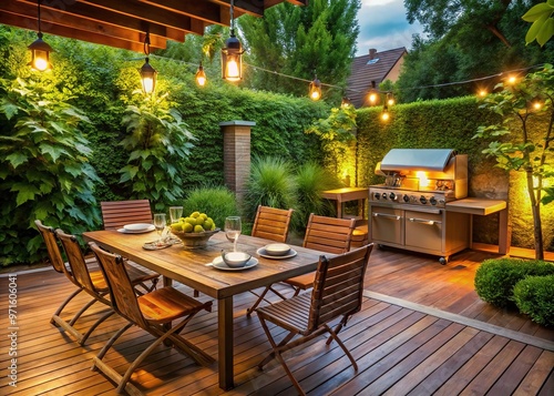 Warmly lit outdoor space features a rustic wooden patio set, lush greenery, and a stainless steel grill, perfect for al fresco dining and relaxation. photo