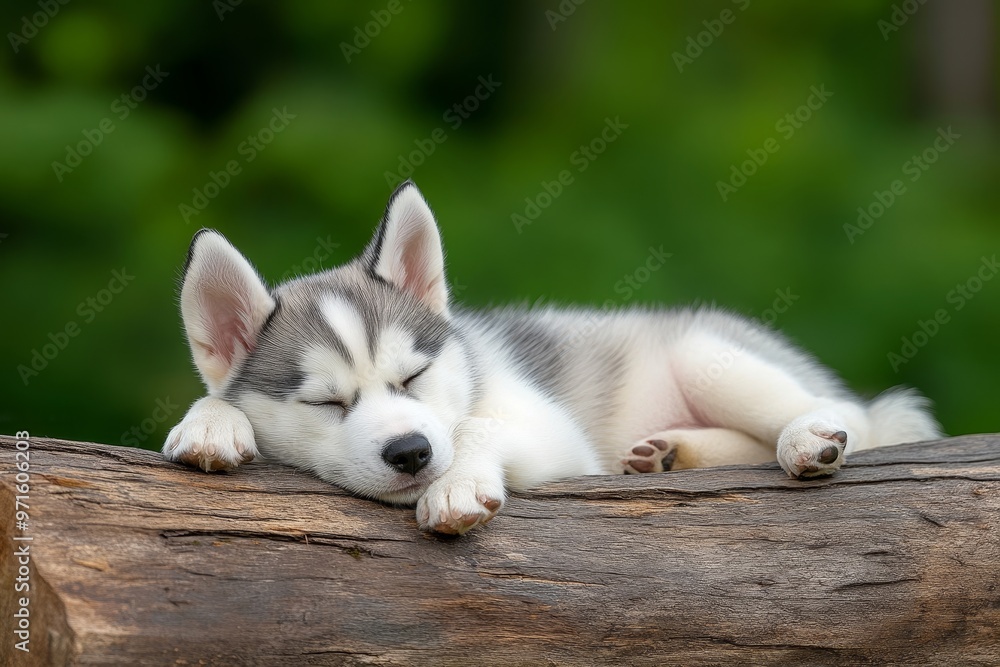 A cute husky puppy is sleeping soundly on a log in a peaceful woodland setting. The puppy's soft fur and relaxed posture evoke feelings of tranquility and innocence. The green background symbolizes na