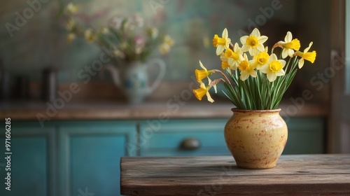 Wallpaper Mural A vase of yellow daffodils on a wooden table in a cozy, rustic kitchen setting. Torontodigital.ca