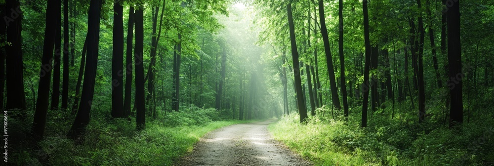 A dirt path winds through a dense forest, disappearing into a sunlit clearing. The lush green foliage creates a sense of peace and tranquility, inviting the viewer to explore further. The path symboli A dirt path winds through a dense forest, disappearing into a sunlit clearing. The lush green foliage creates a sense of peace and tranquility, inviting the viewer to explore further. The path symboli