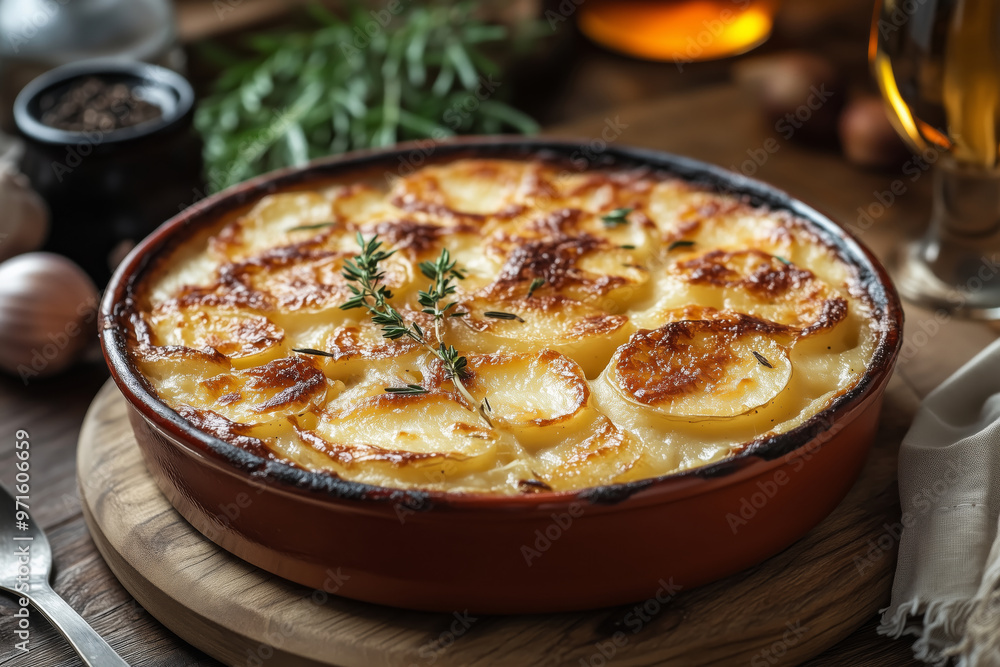 Deliciously baked potato gratin dauphinois served hot, showcasing layers of creamy potatoes and a golden crust, perfect for a cozy dinner Deliciously baked potato gratin dauphinois served hot, showcasing layers of creamy potatoes and a golden crust, perfect for a cozy dinner