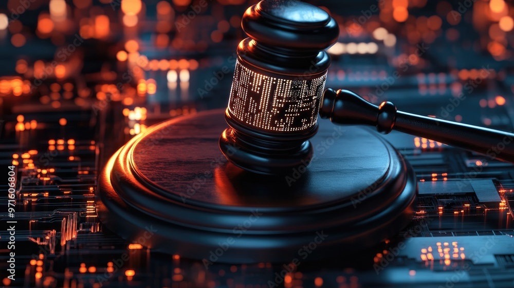 A judge's gavel on a circuit board, representing the intersection of law and technology. A judge's gavel on a circuit board, representing the intersection of law and technology.
